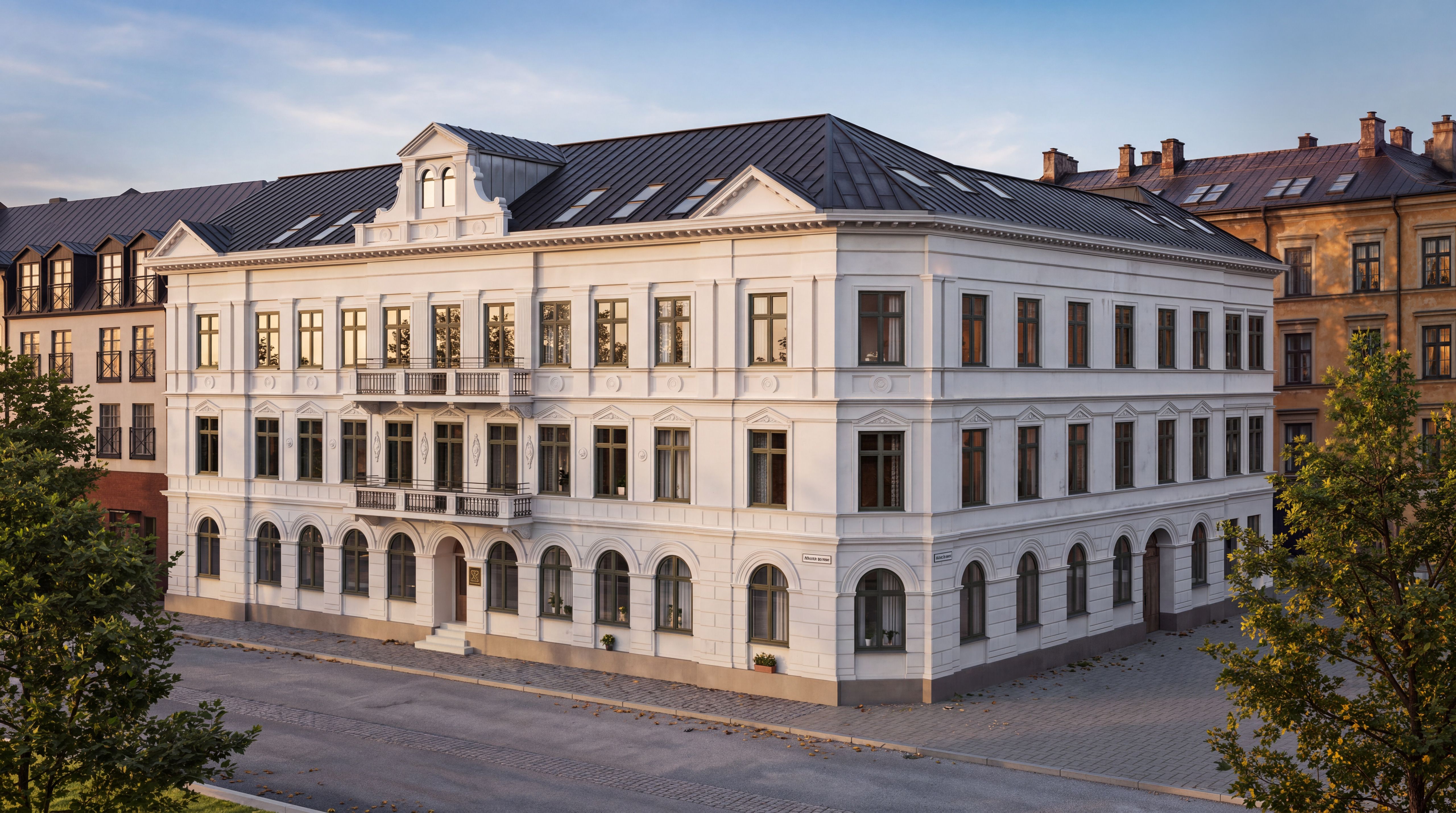 Skepparen 20 i kvällsljus, sett från gatuhörnet